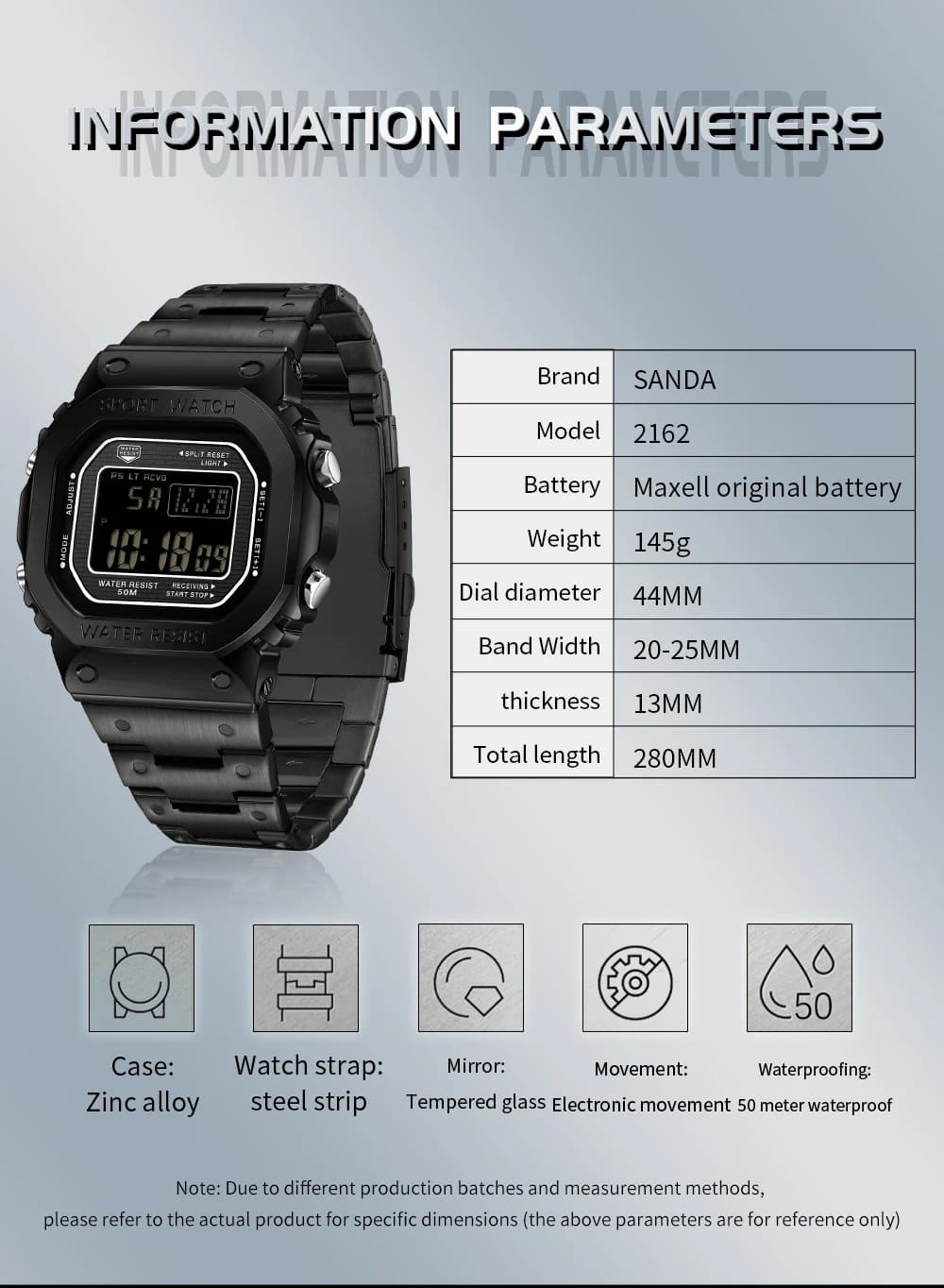 SANDA 2162 montre électronique pour hommes carré étanche multi fonctionnel montre-bracelet carré mod
