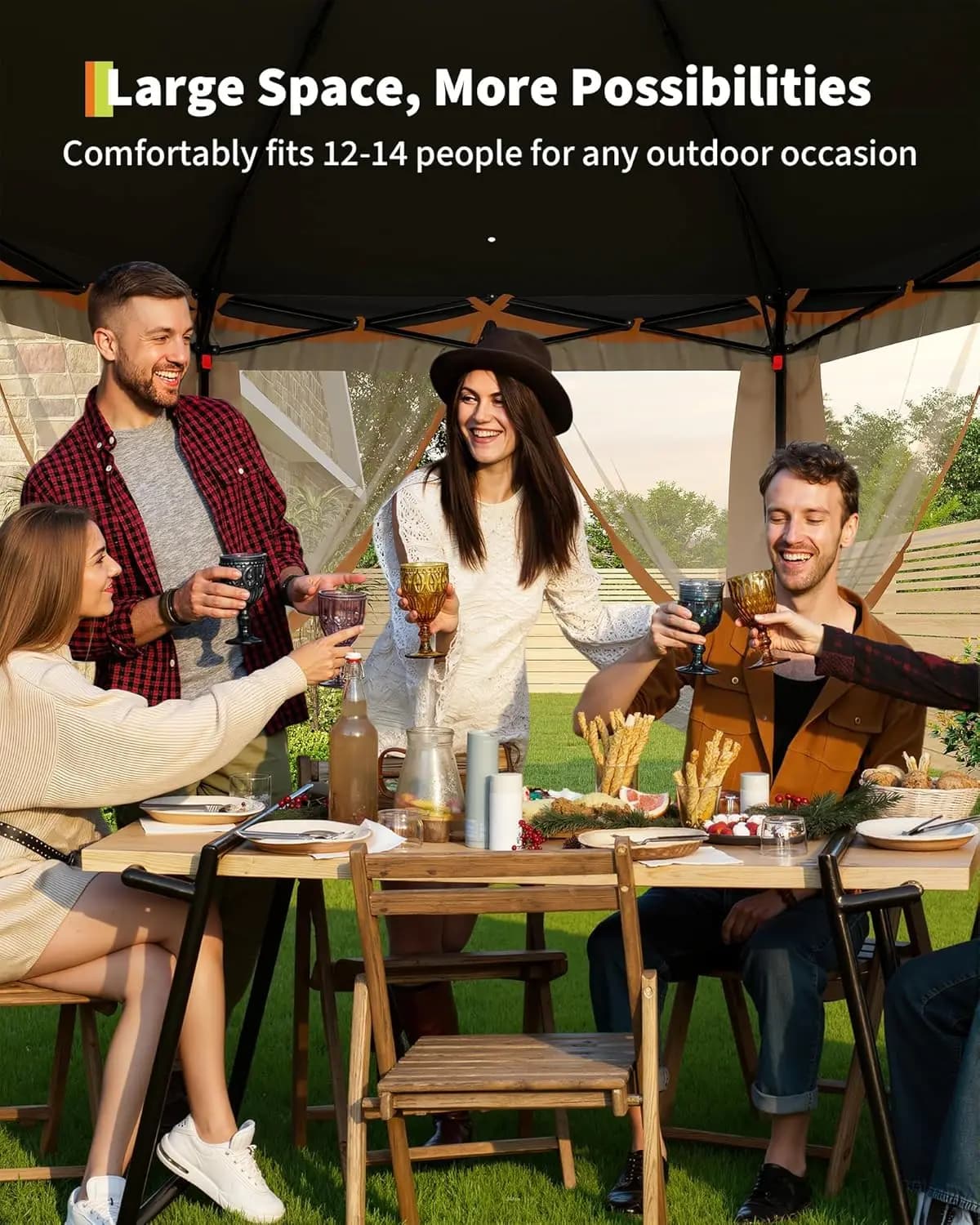Gazebo hexagonal pop-up 13'x13' avec moustiquaire, tente instantanée, structure en acier et sacs de 