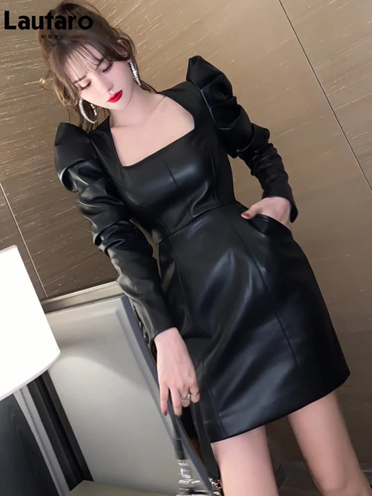 Lautaro-Mini robe en similicuir souple pour femme, manches bouffantes, col carré, vêtements fourreau