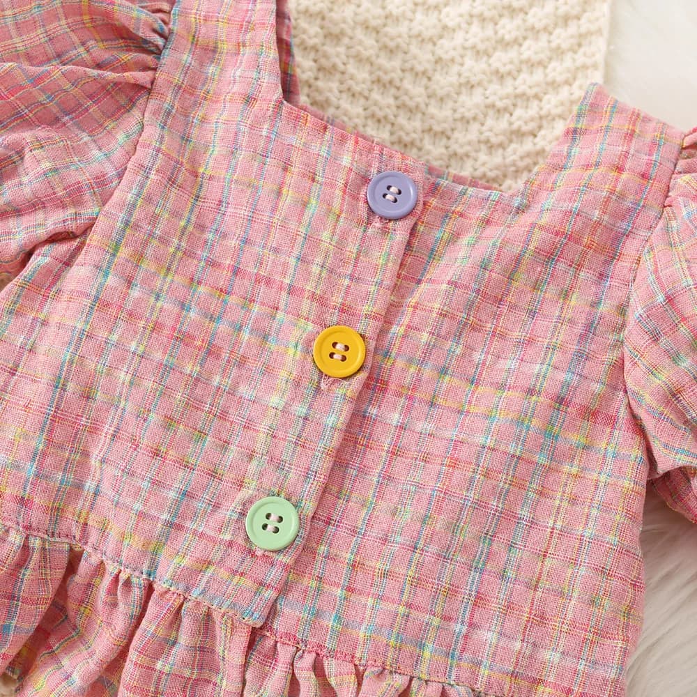 (0-3 ans) été bébé fille coton couleur Plaid bulle manches haut et short ensemble mignon princesse S