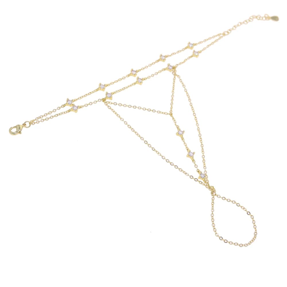 Bracelet à chaîne à main avec pompon en CZ transparent, couleur or, avec Station ronde CZ, Double ch