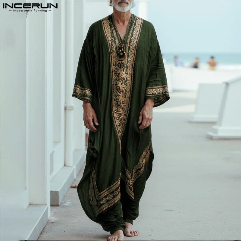 INCERUN hommes Jubba Thobe impression Patchwork col en V à manches longues hommes Robes caftan musul