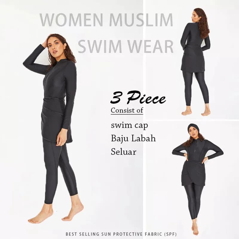 Maillot de Bain Musulman à Manches sulfpour Femme, Burkini, Turban, 3 Pièces