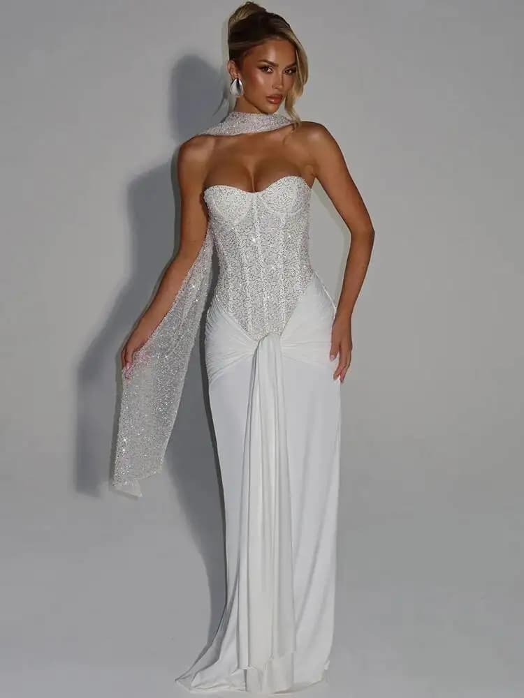 Mozision Sparkle épaules dénudées Sexy robe Maxi femmes élégant paillettes sans bretelles dos nu san