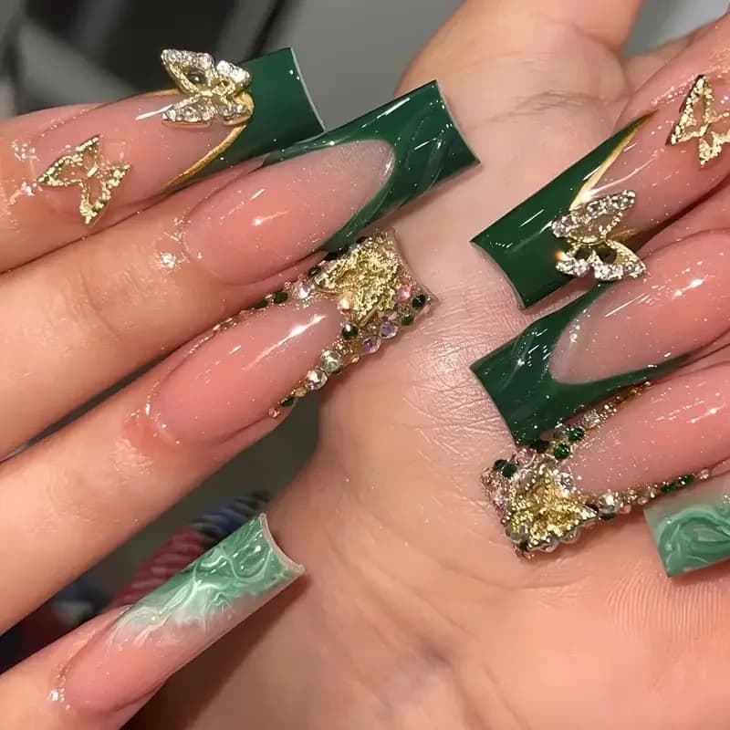 24 pièces noir français presse sur faux ongles diamants arc conception faux ongles élégant paillette
