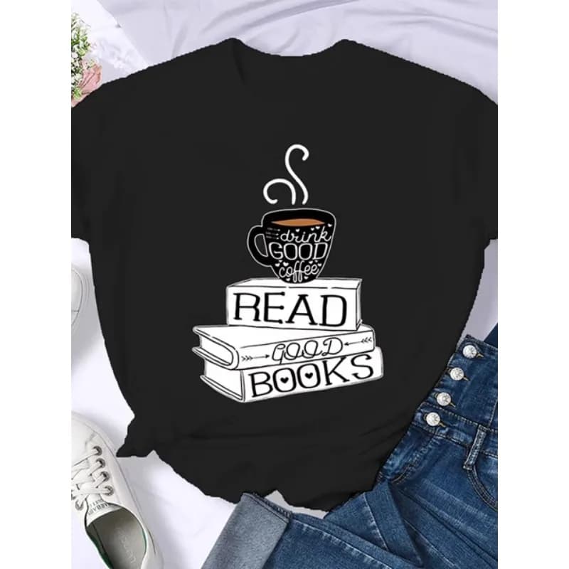 Café livres livres marron américain rétro T-shirt femme col rond demi manches T-shirt imprimé T-shir