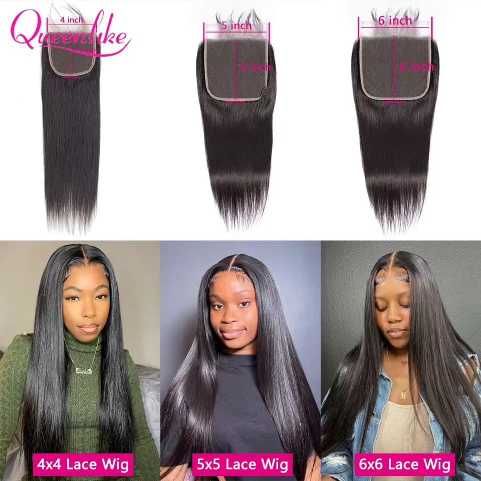 Extensions de cheveux humains lisses Queenlike 12A avec closure 4x4 5x5 6x6 13x4 en dentelle, 3 mèch