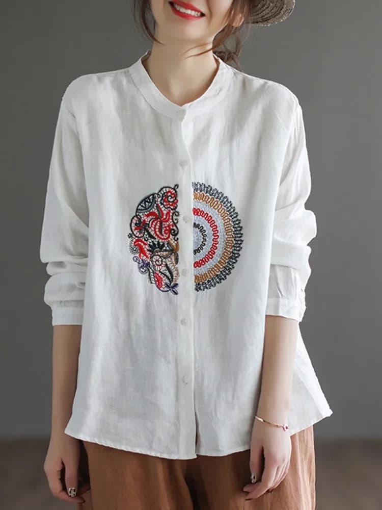 Chemises décontractées pour femmes, style vintage, col montant, broderie, tout match, printemps, fem