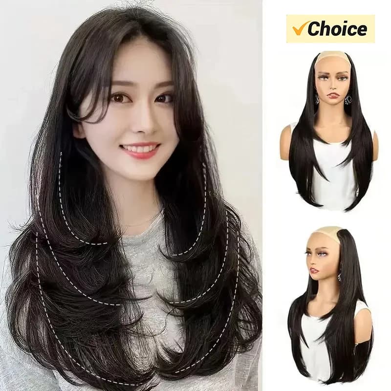 22/24 pouces synthétique en forme de V couches 4 Clips longue Extension de cheveux raides mode posti