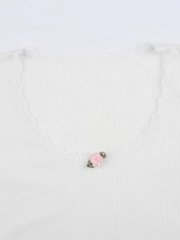 Y2k-Haut court en dentelle florale pour femme, blanc, mince, col rond, t-shirt décontracté basique, 