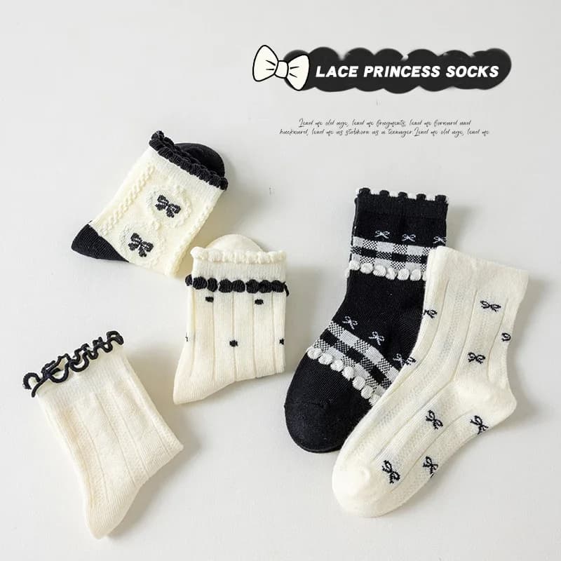 Chaussettes en coton solide pour enfants filles, 5 paires de nœuds papillon, douces, respirantes, ra