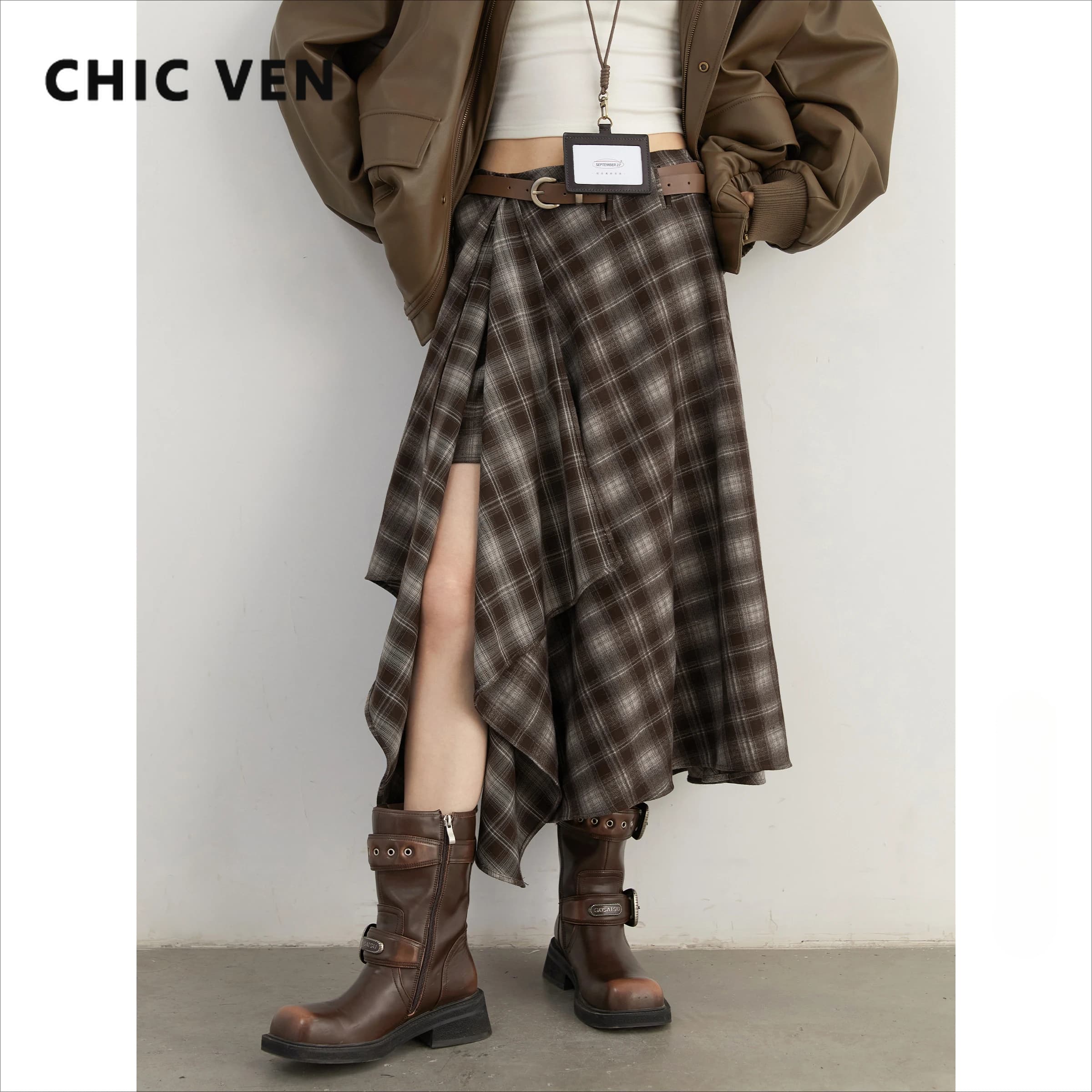 CHIC VEN Jupes pour femmes, coupe trapèze, style rétro, taille haute, motif écossais irrégulier, asp