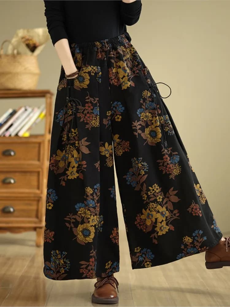 Jean rétro automne fleur imprimé fleuri mode élastique taille haute dames pantalon surdimensionné lo