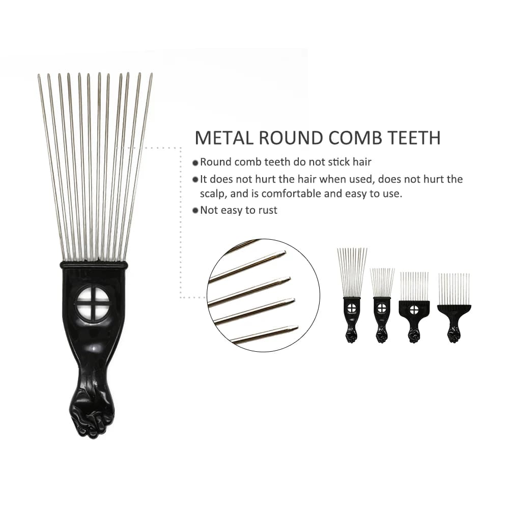 Peigne fourchette Afro en acier inoxydable, brosse de coiffure à dents larges, épingles métalliques,