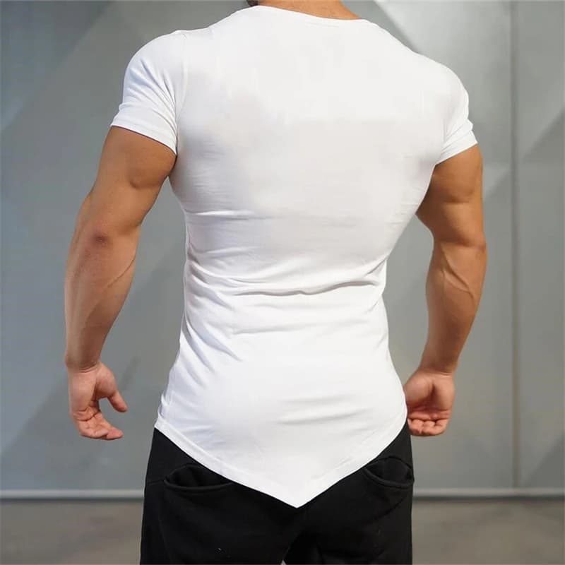 Couleur unie à manches courtes coupe ajustée col en v chemises gymnase musculation Fitness Muscle T-