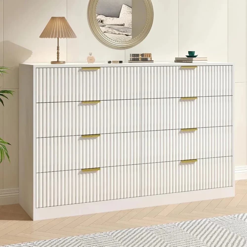Commode cannelée pour chambre à coucher avec 8 tiroirs, commode double blanche de 55 pouces de large
