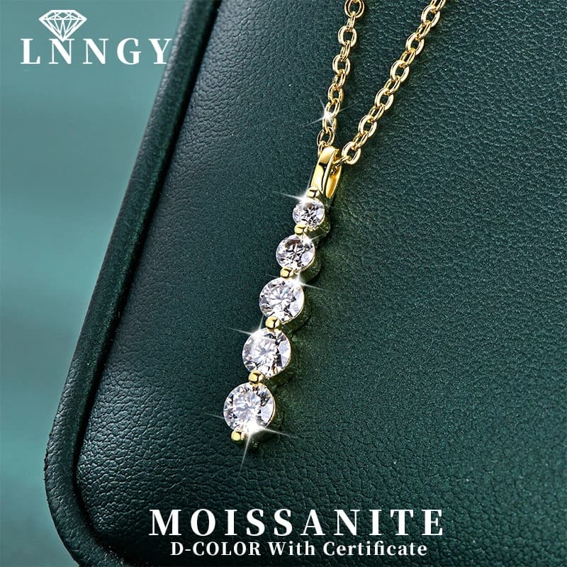 Lnngy – collier brillant en Moissanite à 5 pierres, collier à pendentif long en or rempli de 14 cara