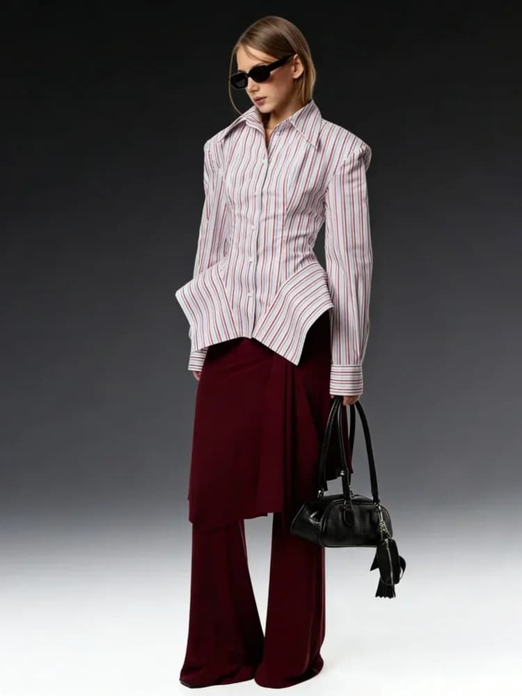Chemisier rayé élégant DFDG pour femme, collection Printemps-Été 2026, col pointu, manches longues, 
