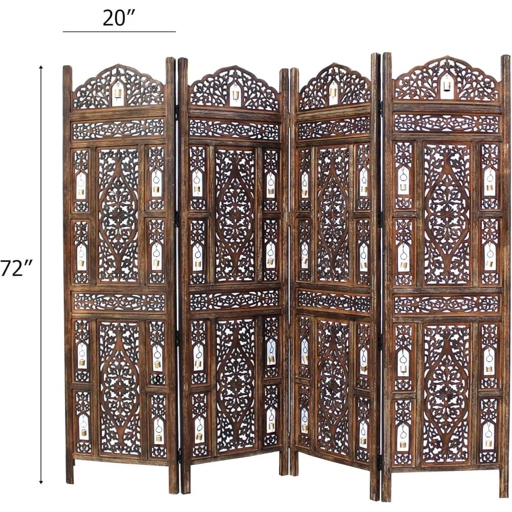 Écran pliant en bois marron antique à 4 panneaux avec cloches Ghanti, 72 x 80 - Séparateur décoratif