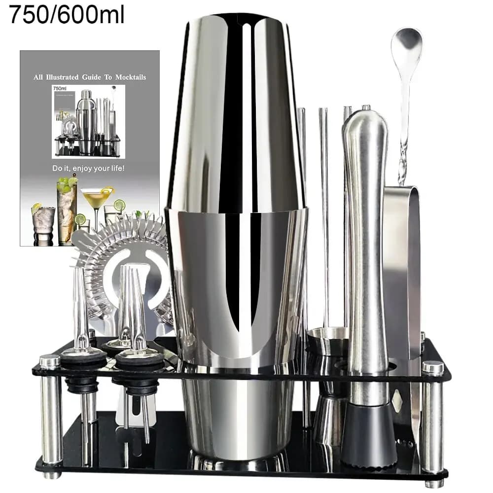 Ensemble de Shaker à Cocktail en Acier Inoxydable, Outils de Bar avec Support Noir, Shaker de 750ml,