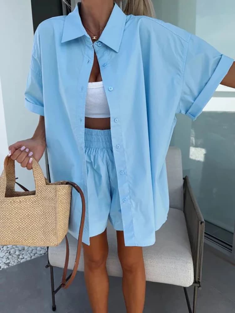 Femmes ample demi manches solide deux pièces ensemble Shorts décontracté vêtements de rue femme corr