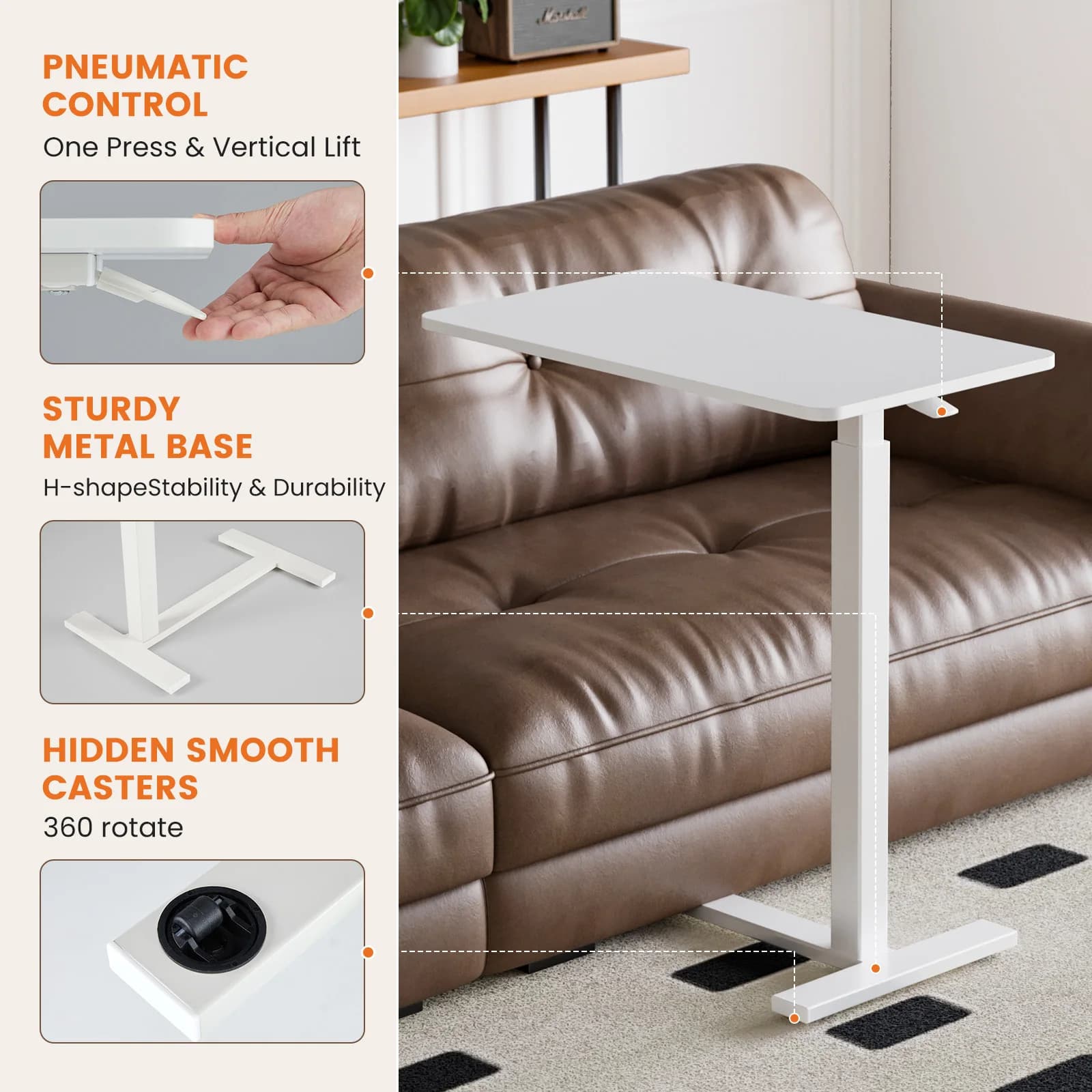 JHK – Table de chevet avec roulettes cachées, hauteur réglable, pour usage domestique, ordinateur po