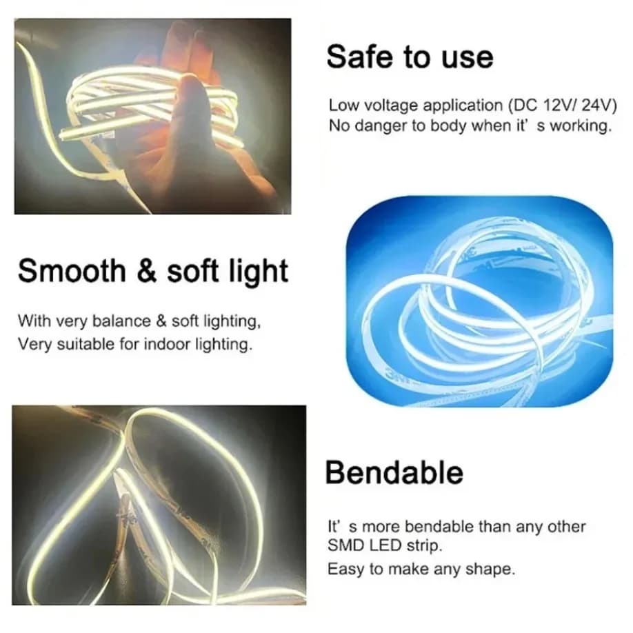 Bande lumineuse LED COB DC12V 24V 320LED s/M, bande LED Flexible haute densité, prise DC/2 broches, 