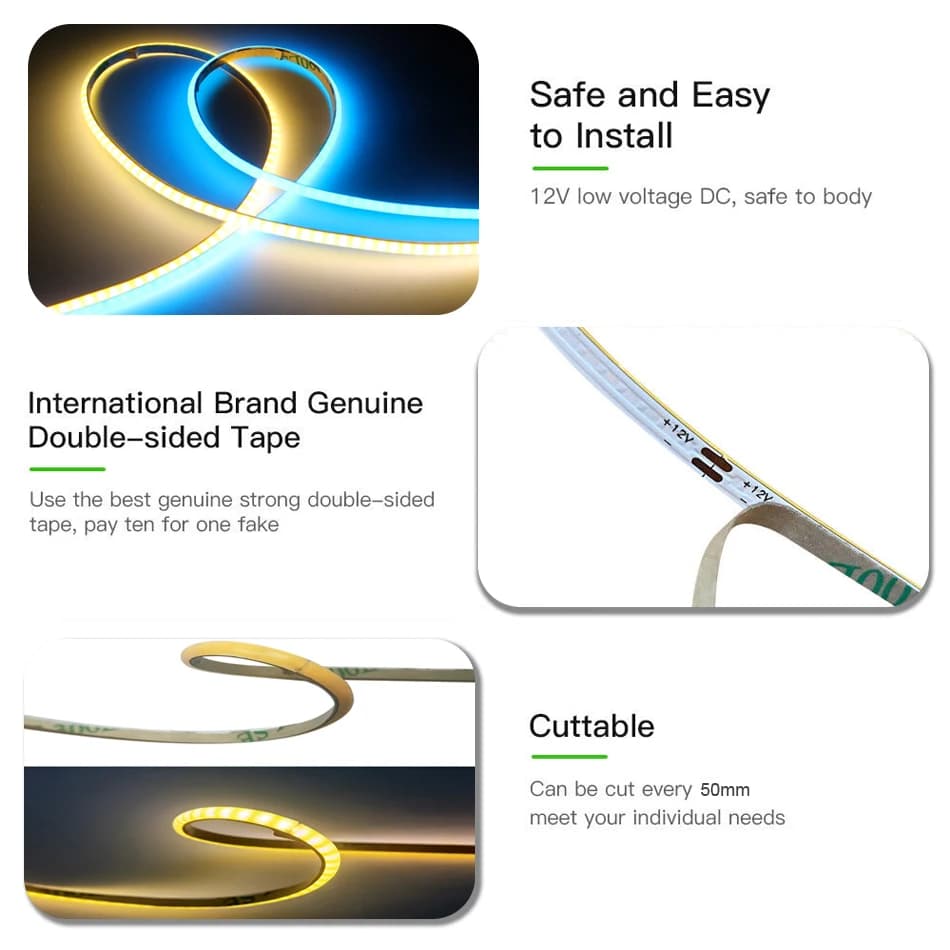 Bande lumineuse LED COB Ultra fine, 3mm, DC12V, 392 diodes/m, pour décoration de maison, voiture, br