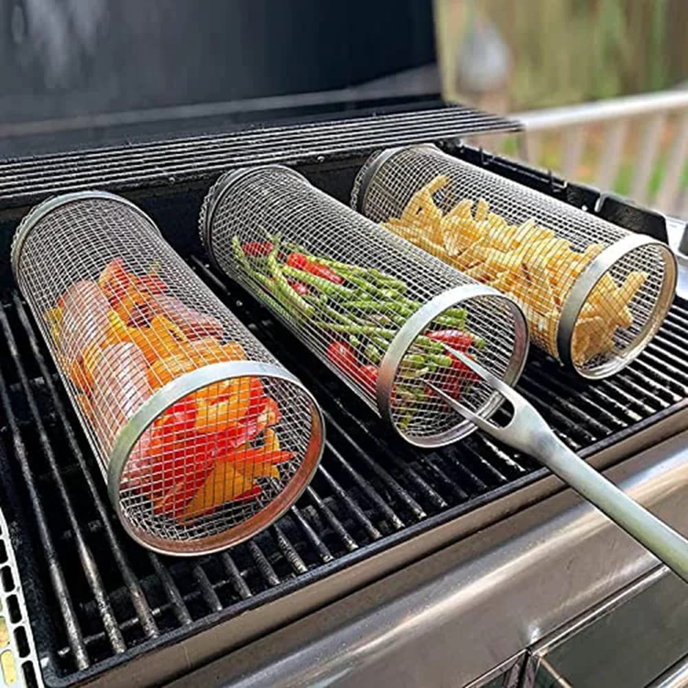 Panier de barbecue roulant-le plus grand panier à griller jamais, maille de gril ronde en acier inox