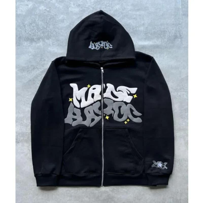 Sweat à capuche zippé avec lettres de style américain rétro, unisexe, idéal pour être associé à une 
