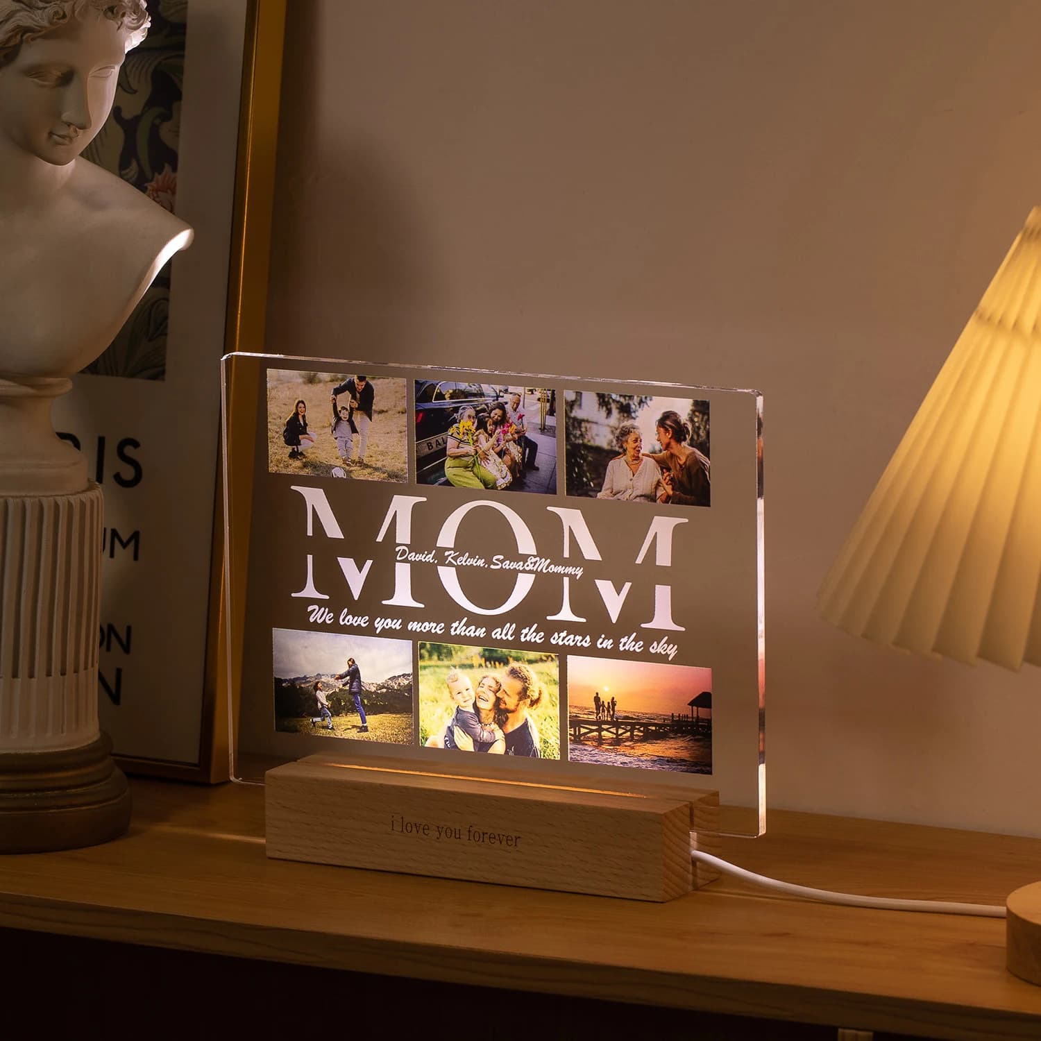 Lampe Acrylique Personnalisée avec Photo et Texte, Veilleuse pour Chambre à Coucher, Maman, Papa, Am