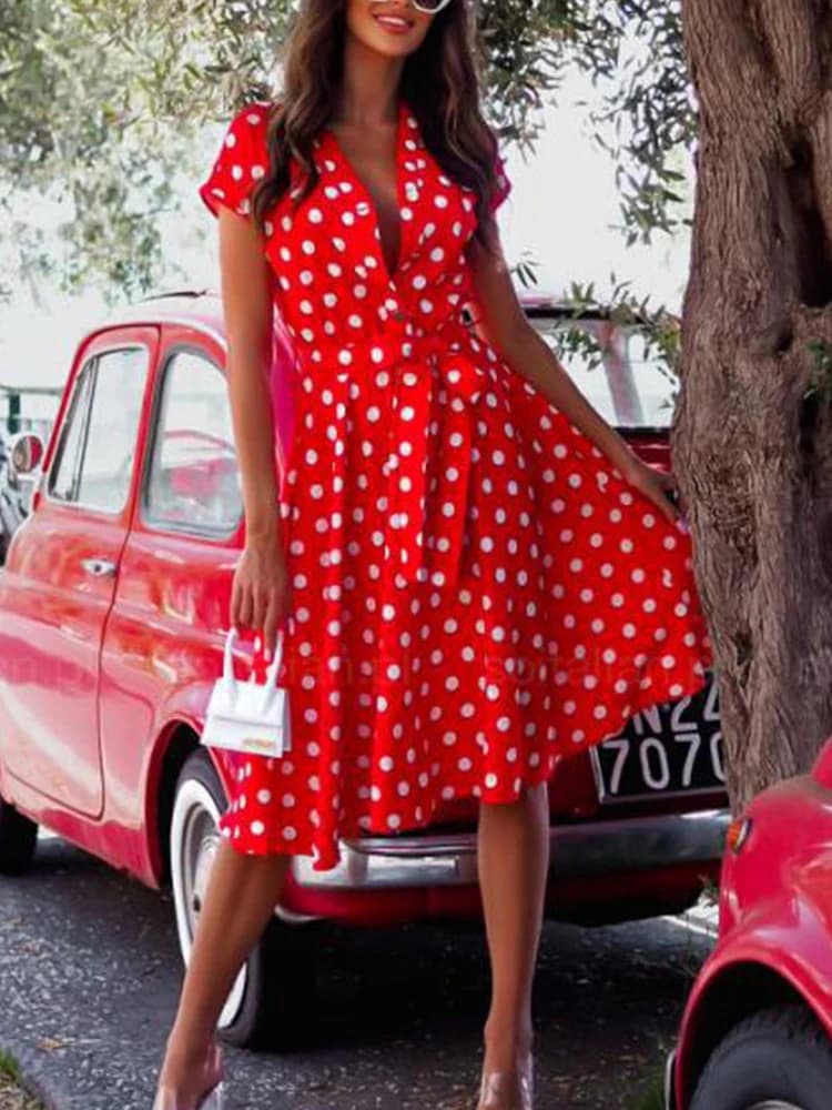 Robe de soirée mi-longue à lacets, Vintage, imprimé à pois, Sexy, col en v, boutons, robe d'été élég