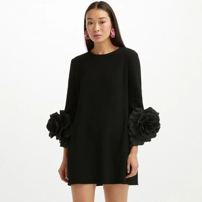 Robe en Satin à col rond pour femmes, manches longues, robe droite à fleurs, mini-robe à roses noire