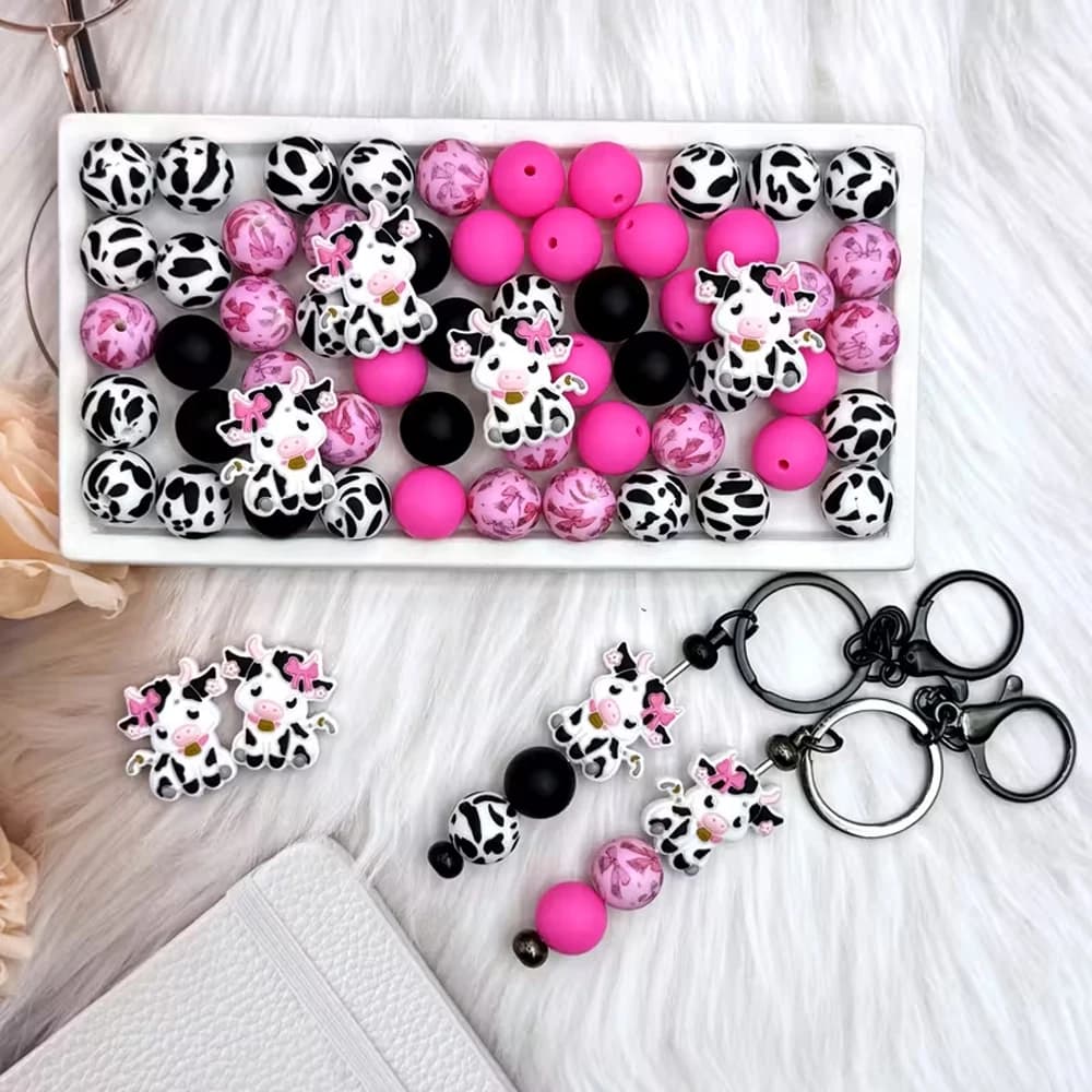 Ensemble de perles en Silicone série Cow Spot, 25/44 pièces, parfait pour l'artisanat fait à la main