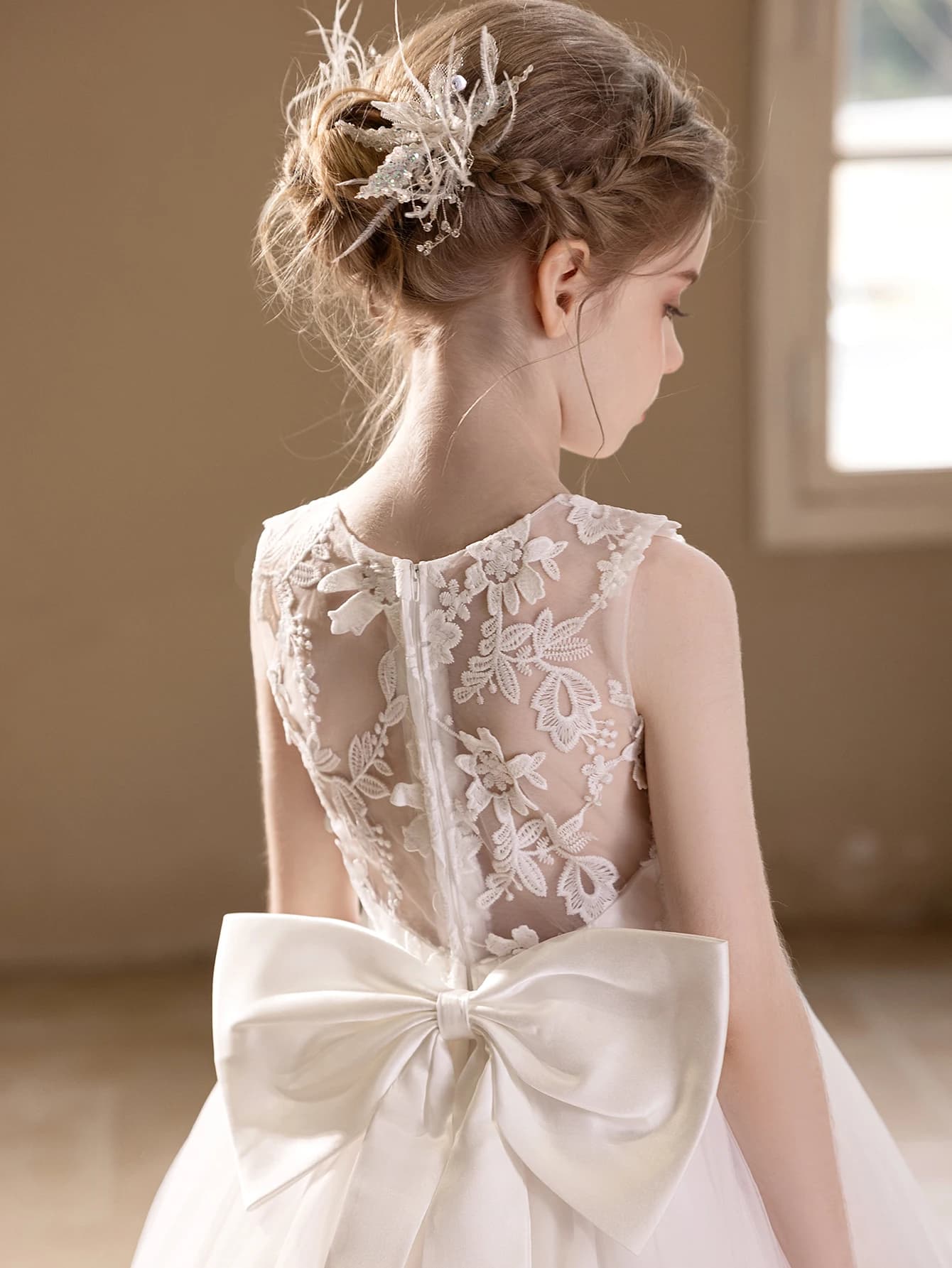 Robe de mariée en gaze blanche pour adolescentes, broderie en dentelle, grand nœud, robe de soirée g