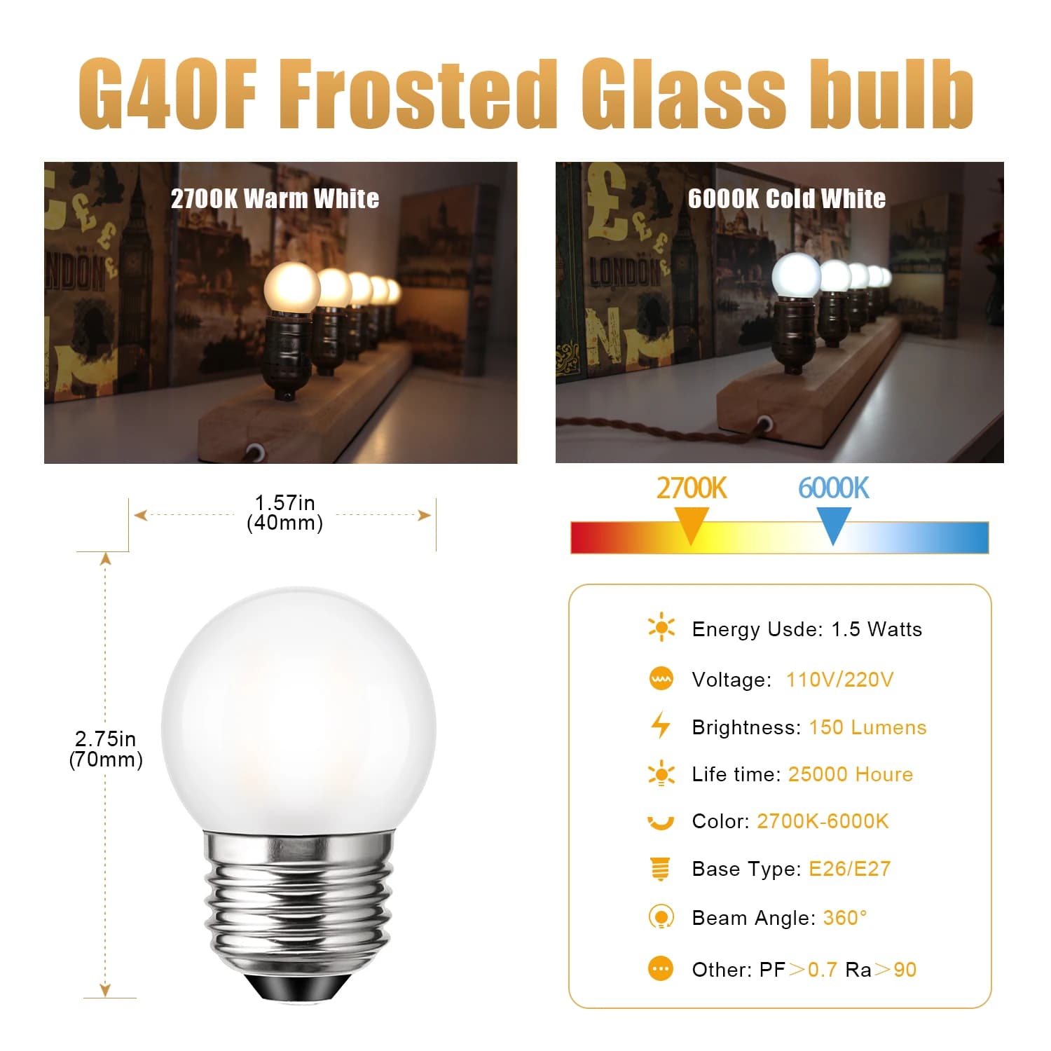 Edison G40 Led E27 ampoule 220V E26 1.5W blanc chaud verre dépoli Globe remplaçable pendentif lustre