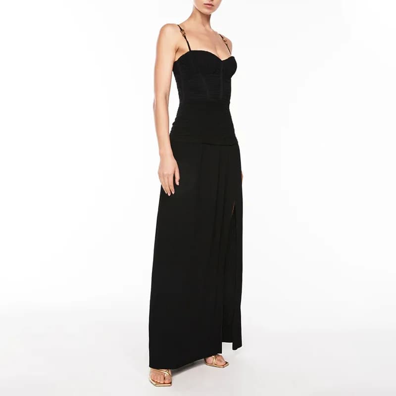 Robe longue de soirée plissée, Sexy, bretelles Spaghetti, sans manches, plis, fente haute, Slim, ten