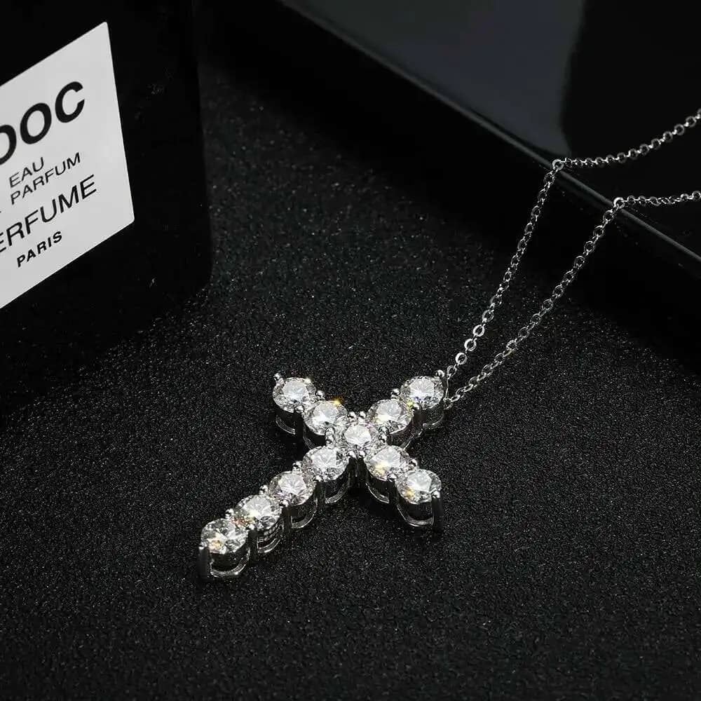 Pendentif croix Moissanite complet, chaîne originale en argent Sterling plaqué or blanc, collier fin