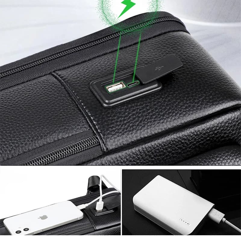 100% sac à dos en cuir véritable hommes 15.6 pouces sac à dos pour ordinateur portable USB Charge an