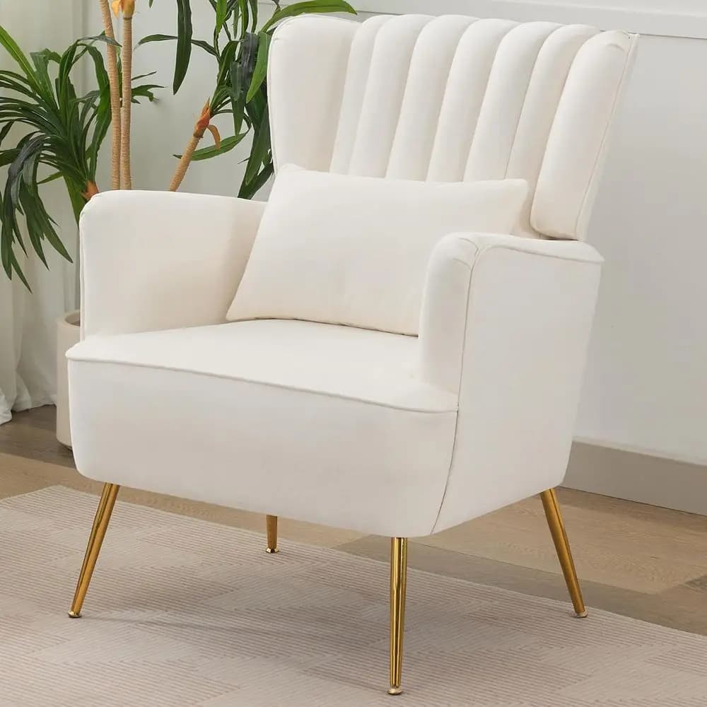 Fauteuil à oreilles blanc moderne du milieu du siècle, avec oreiller et pieds dorés, coussin de 8.5 