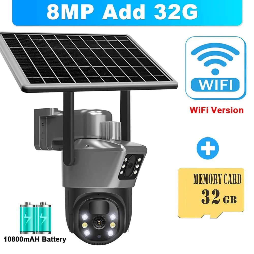 Caméra solaire WiFi 4K 8MP, caméra de sécurité extérieure sans fil, détection humaine PIR, caméras d