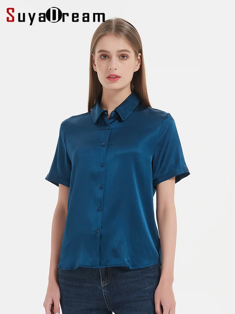 SuyaDream, Chemises unies pour femme, 95% Soie 5% Spandex, Manches courtes, Blouses blanches chics, 