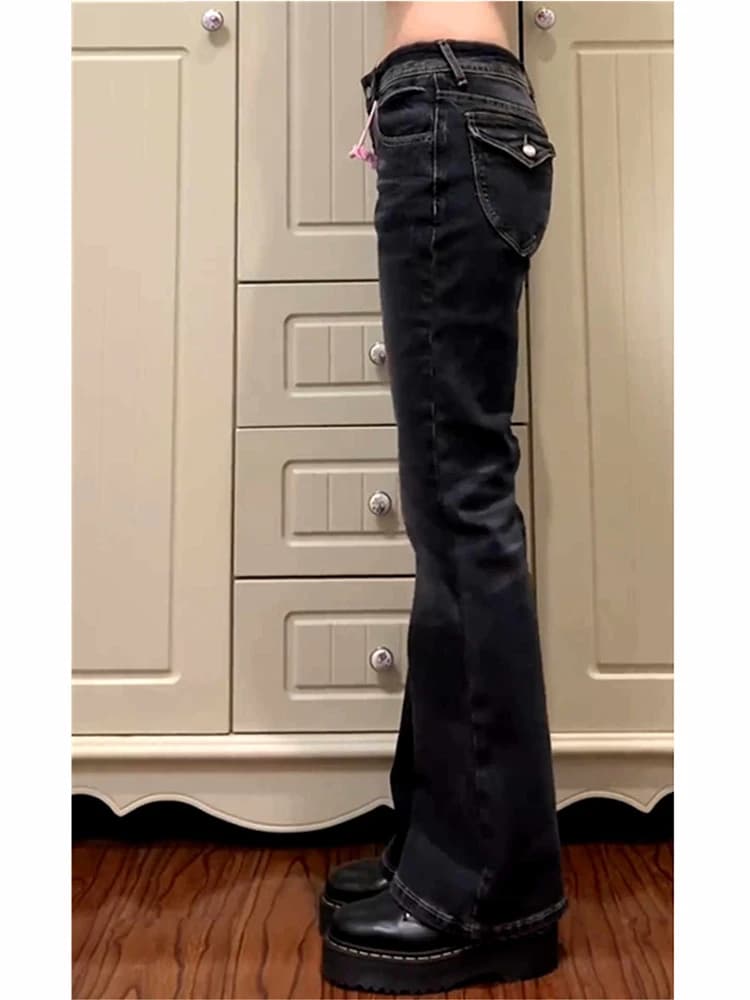 Jean évasé taille basse pour femme, jean bootcut noir, pantalon en Denim rétro américain Y2k japonai