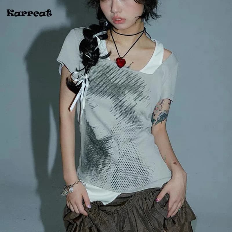 T-shirt à manches courtes patchwork vintage, faux deux pièces grunge, esthétique irrégulière, t-shir
