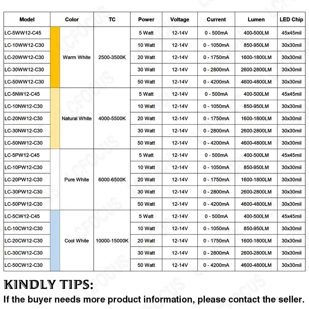 Ampoule LED DC 12 V 10 W 20 W 30 W 50 W lumière blanche chaude 3000 K 6000 K COB puce LED diode élec