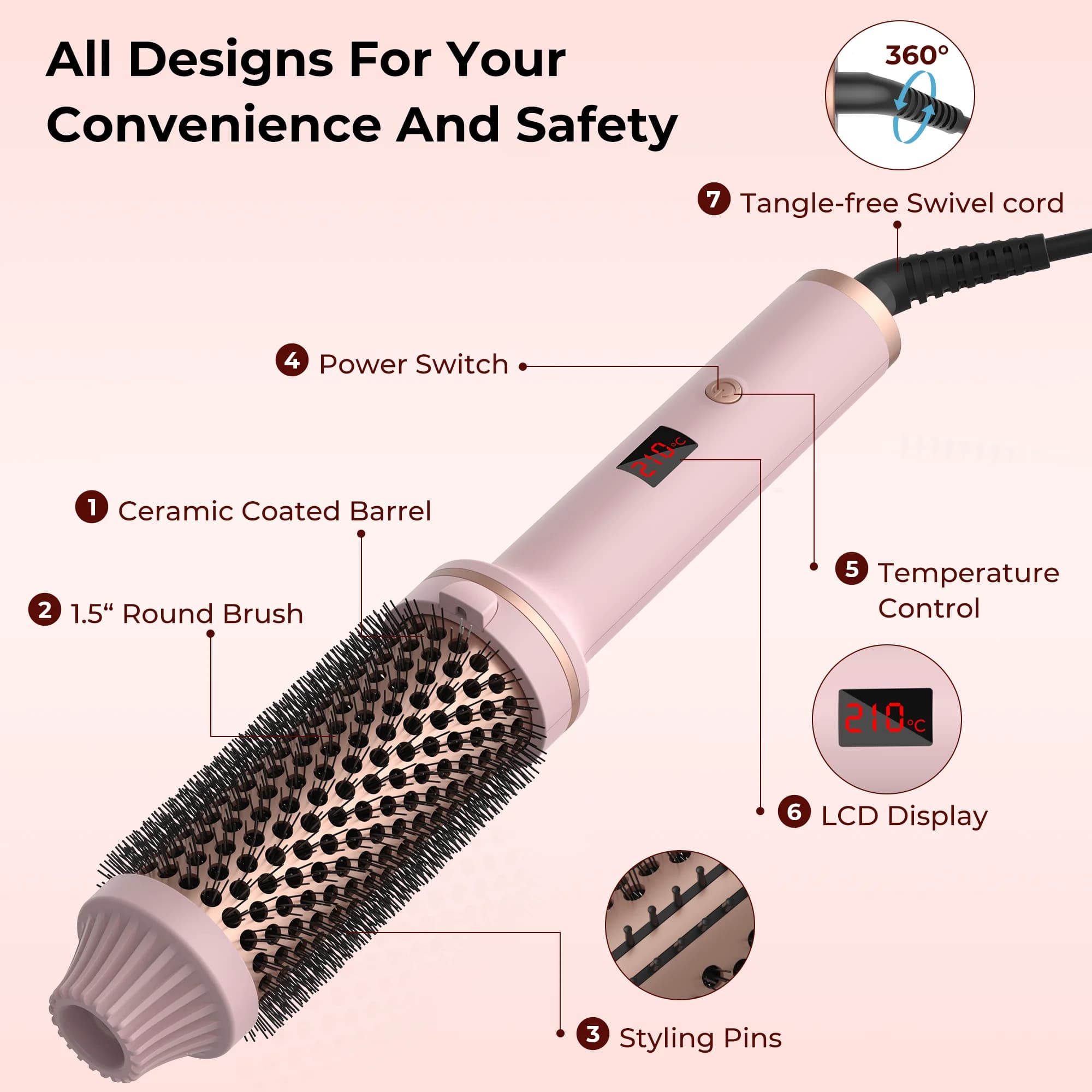 1.5 pouces fer à friser brosse en céramique brosse thermique chauffée brosse ronde cheveux électriqu