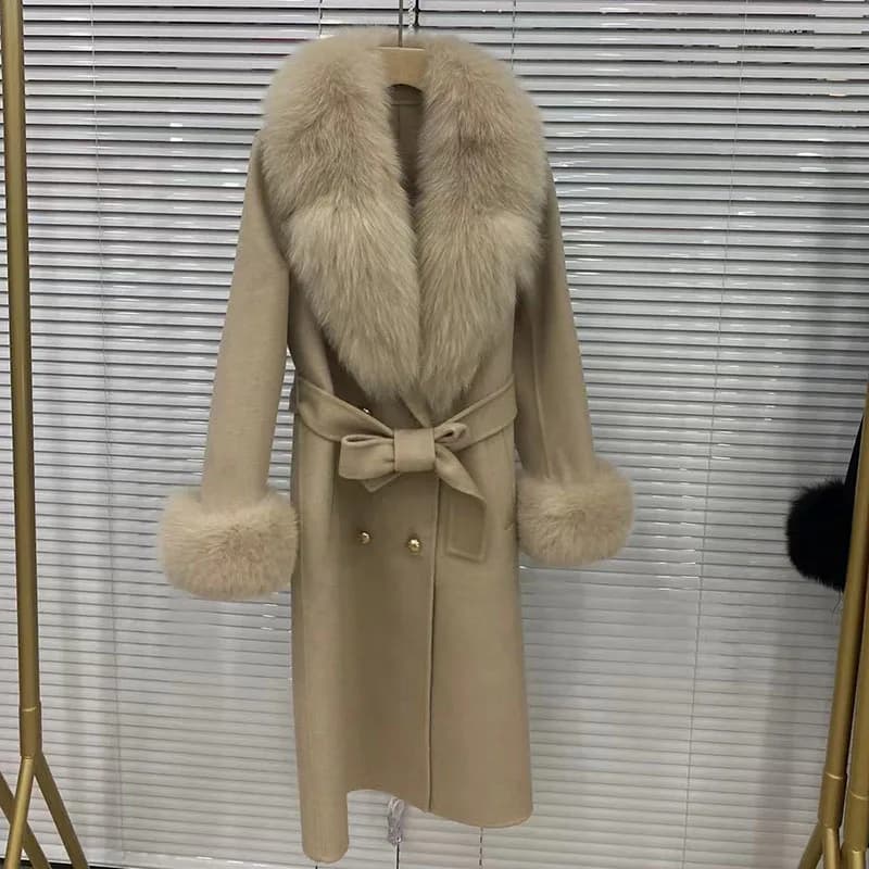 Manteau Long en laine mélangée pour femmes, avec grand col en vraie fourrure de renard, veste d'hive