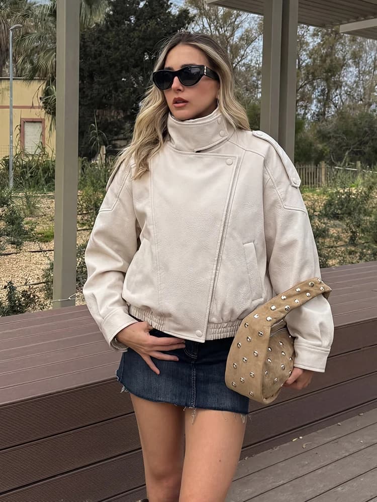 HH Veste en similicuir pour femme Printemps Automne 2026, style motard vintage oversize, coupe ample