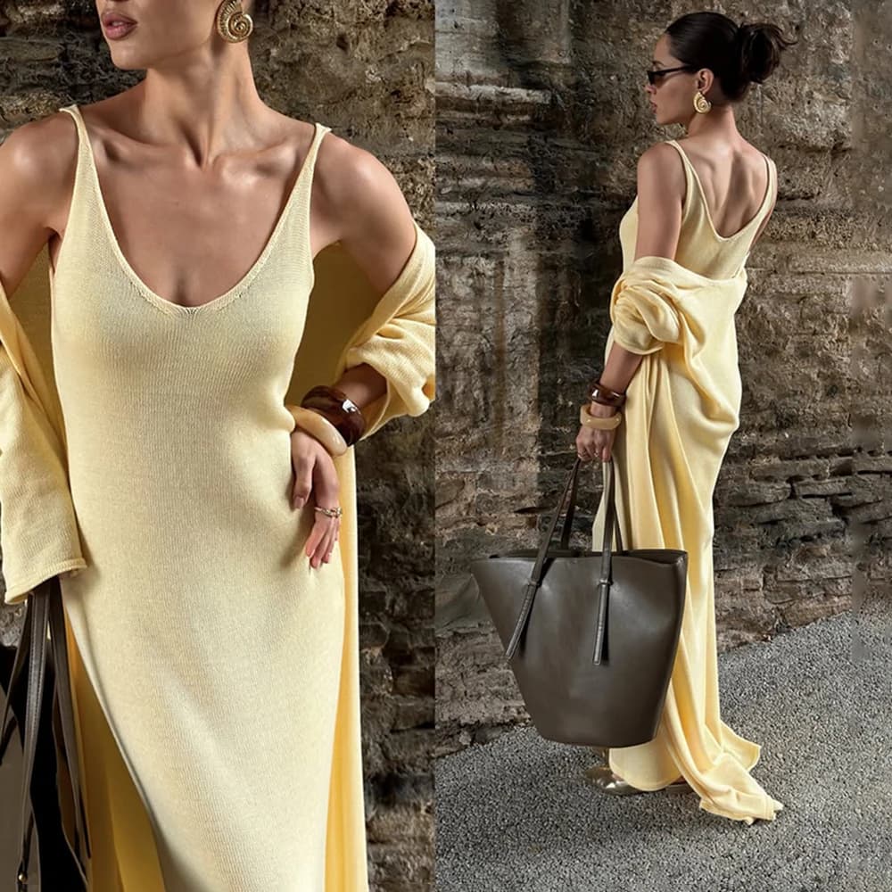 Tuularose femmes robe longue 2 pièces solide tricoté Spaghetti sangle robe à manches longues Cardiga