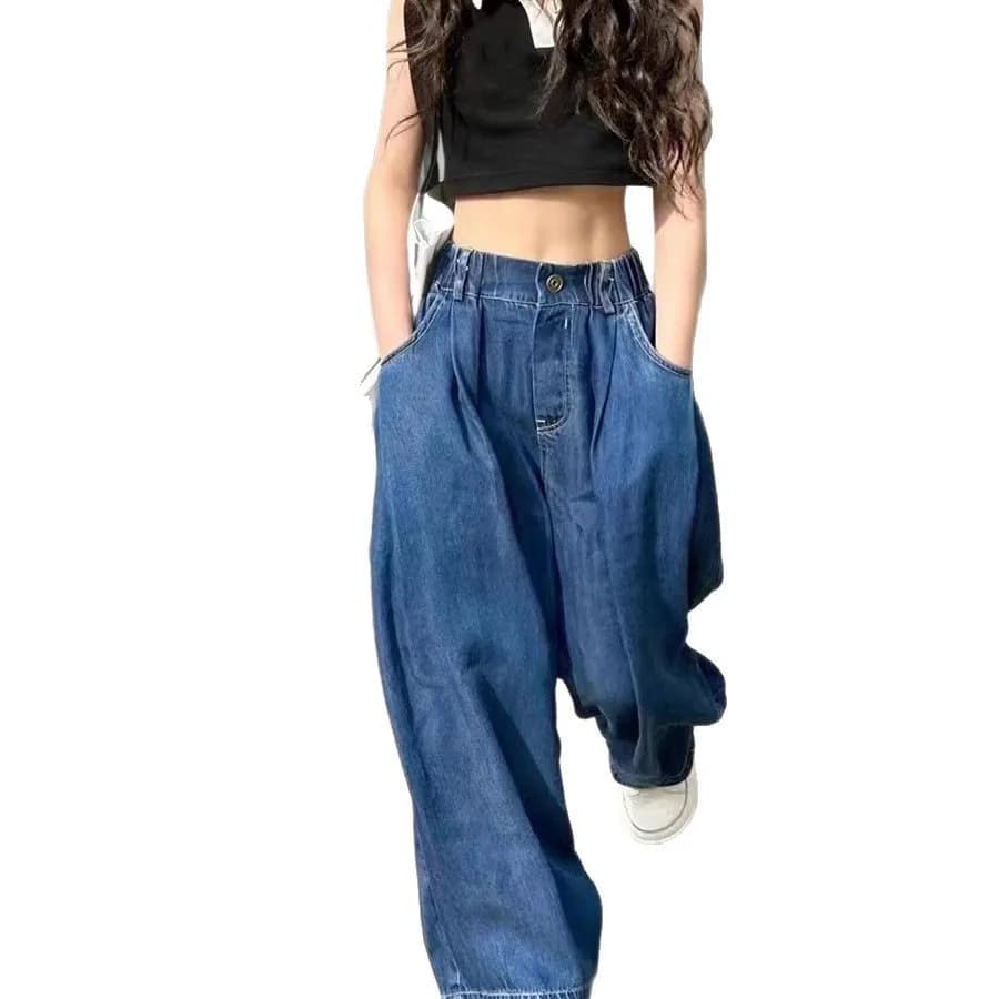 UNITIM Pantalon en jean pour filles, en coton, coupe droite, taille élastique, 2-14 ans, pantalon à 
